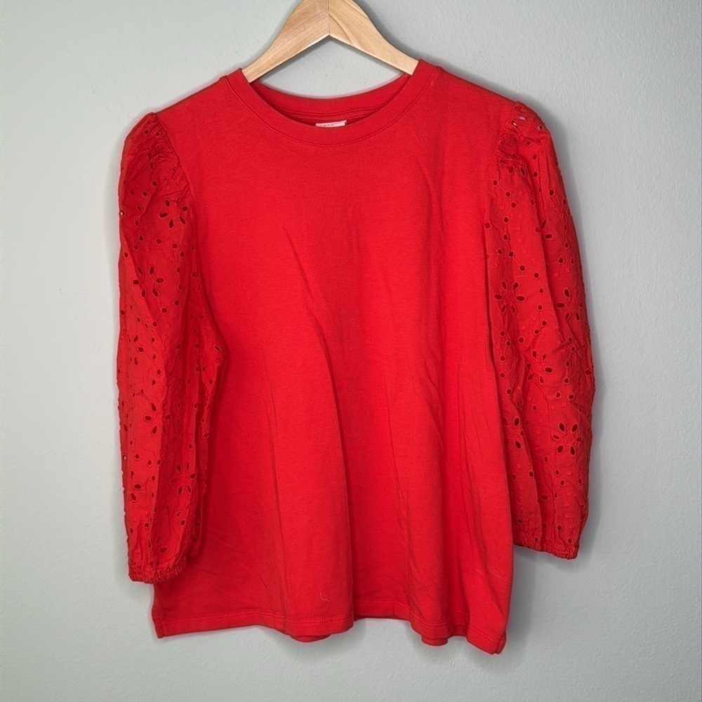 A New Day Eyelet Cutout 3/4 Length Sleeve Cotton Top in Red Size XL
